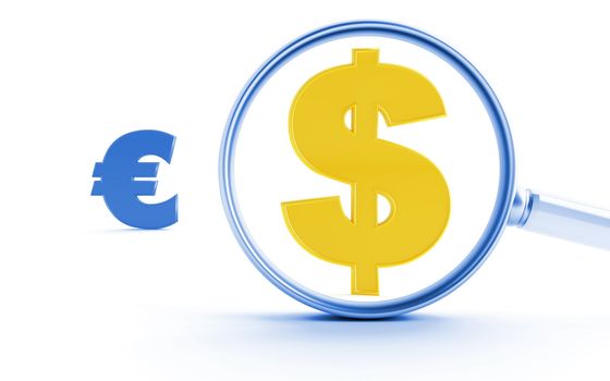 Gold symbols of dollar and euro under a magnifier on a white background