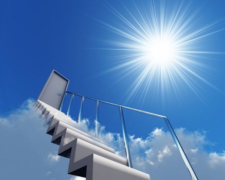 stair and door in clouds on a background sky and sun