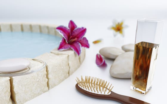 Flowers stones and soap near water in spa salon