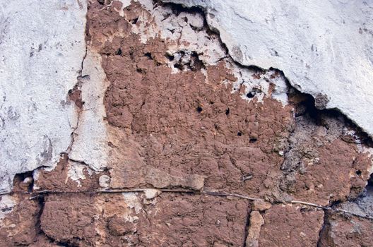 Ancient grunge clay wall background closeup. Vintage architecture backdrop.