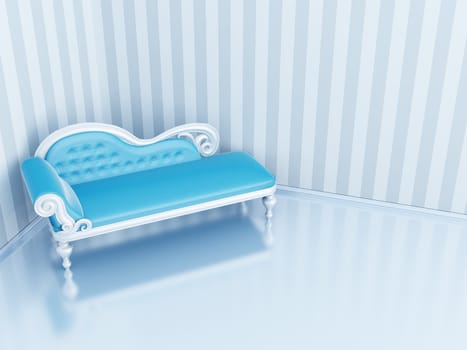 Blue sofa in a corner of a room with fashionable design