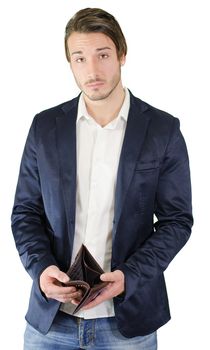 Pennyless, broke young businessman showing emtpy wallet