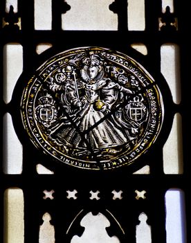 Bonawit Stained Glass Elizabeth the Great Yale University Sterling Memorial Library New Haven Connecticut Fifth largest library in the United States Stained Glass Windows from 1930s.  Images in Stained Glass Were Taken from Illustrations in the Yale Library