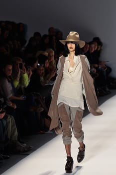 NEW YORK - FEBRUARY 09: Model walks the runway for the Nicholas K collections Mercedes-Benz Fashion Week at Lincoln Centre on February 09, 2012 in New York.