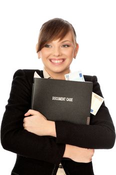 Business woman holding the document case with money in the hands as a symbol of wealth