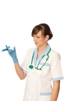 Woman holds in the hand syringe with a new antibiotic