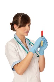Woman holds in the hand syringe with a new antibiotic mixed with blood