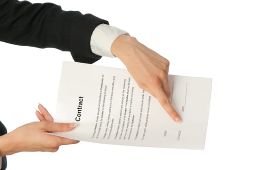The managing director giving her partner a contract for signing