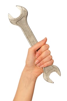 woman holding chrome vanadium spanner in the hand