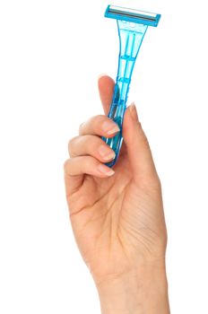 woman shaving her hand by razor from a blue plastic