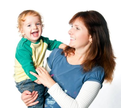 Mother with smiling little child over white background