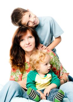 Mother with little children over white background