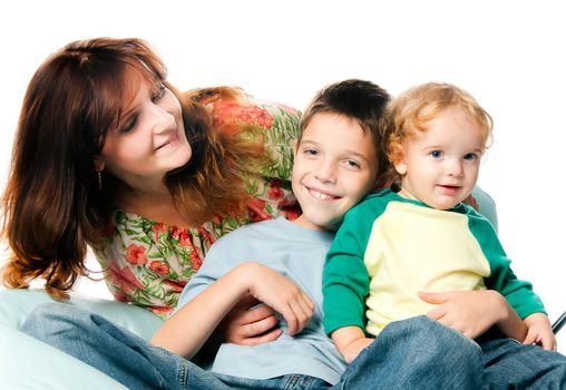 Mother with children on a white background