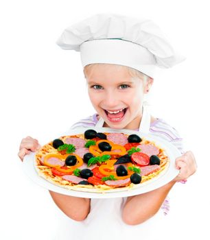 Smiling young girl preparing a pizza on a white background