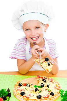 Smiling young girl with a pizza on a white background