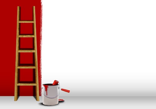 Wooden ladder with red paint half finish