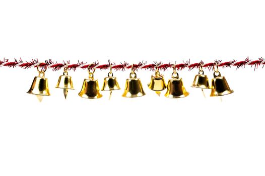 Golden bell holding ribbon rope moving isolate on white background