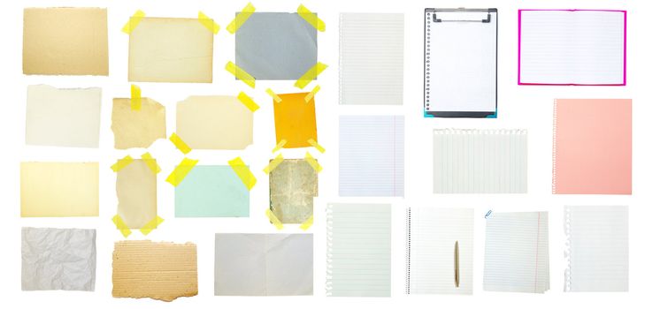 collection of old note paper on white background.