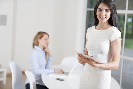 Two colleagues working in an office; one is in the background