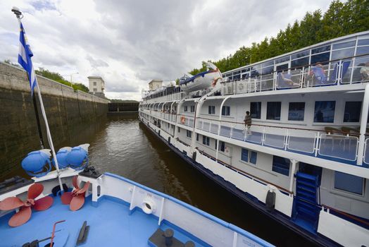 Cruise ship on the river lock of Moscow canal. Taken on July 2012