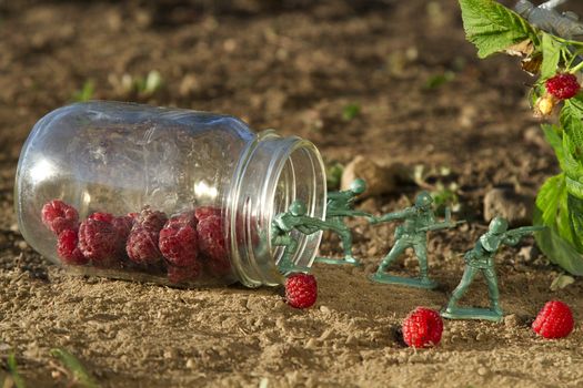 four green toy soldier protecting a jar of raspberry against a gray soldier