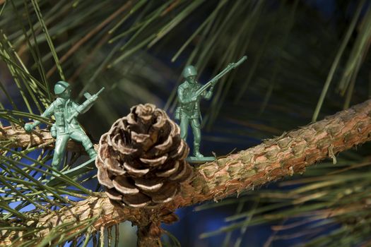 two plastic toy soldier on top of the pine tree branch