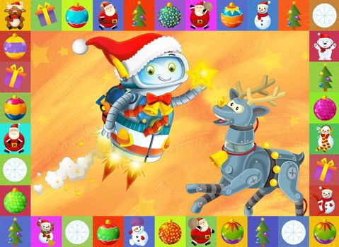 Beautiful christmas illustration with two atractive subject for the children - robots and christmas