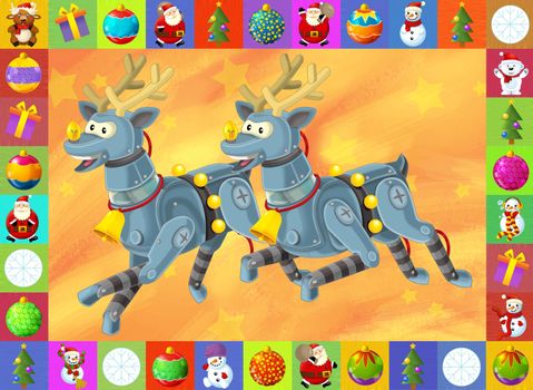 Beautiful christmas illustration with two atractive subject for the children - robots and christmas