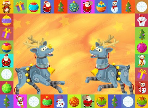 Beautiful christmas illustration with two atractive subject for the children - robots and christmas