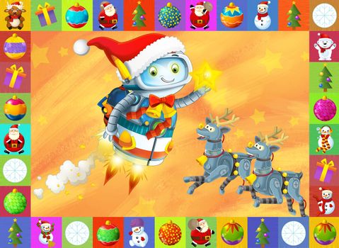 Beautiful christmas illustration with two atractive subject for the children - robots and christmas