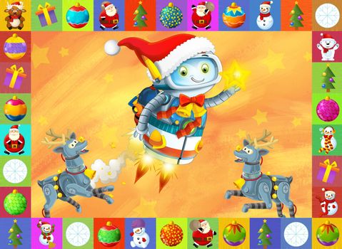 Beautiful christmas illustration with two atractive subject for the children - robots and christmas