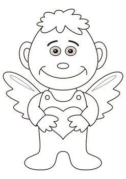 Cartoon boy angel with holiday valentine heart, black contour on white background