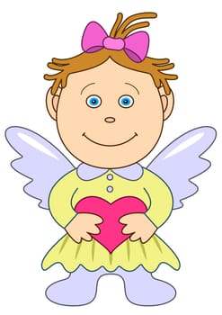 Cartoon girl angel with holiday valentine red heart