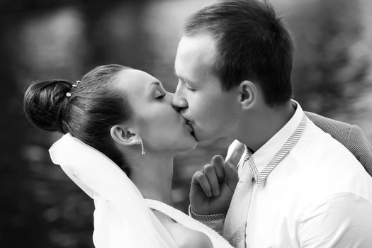 Newly-married couple pair kisses in park