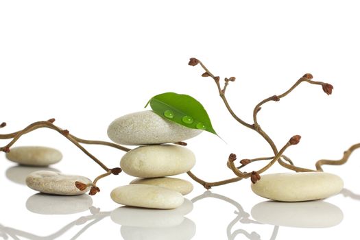 Spa stones and green leaf, isolated on white background.