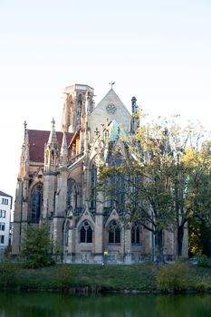 A pceudo gothic church and pond in Stuttgart
