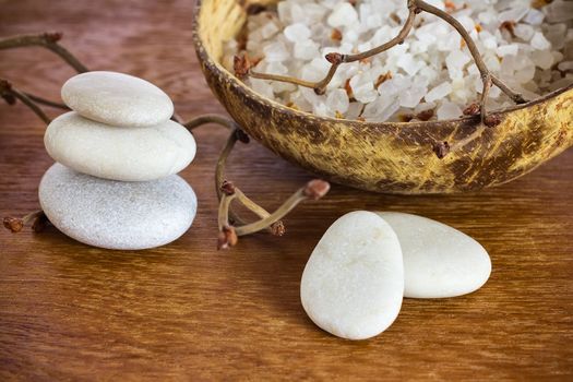 Spa stones, sea salt and dry hazel branches.