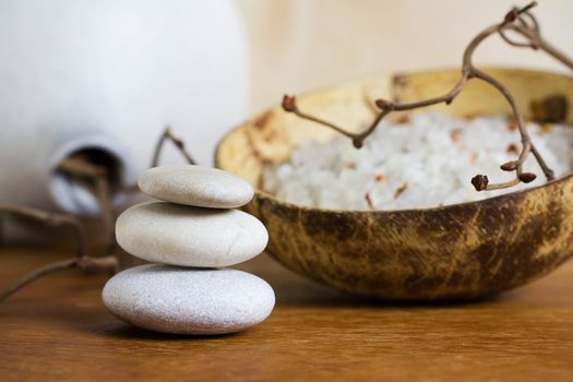 Spa stones, sea salt and dry hazel branches.