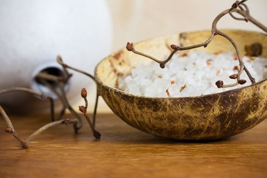 Spa stones, sea salt and dry hazel branches.