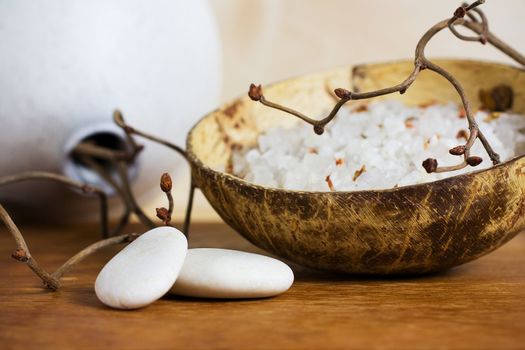 Spa stones, sea salt and dry hazel branches.