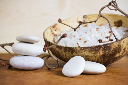 Spa stones, sea salt and dry hazel branches.