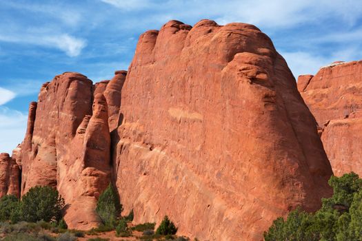 Red Rock Formations in Arches National Park with dramatic Blue Sky