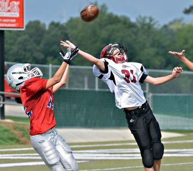 CUMMING, GA/USA - SEPTEMBER 8: Unidentified boys fighting for the pass at the goal line. Two teams of 7th grade boys September 8, 2012 in Cumming GA. The Wildcats  vs The Mustangs.