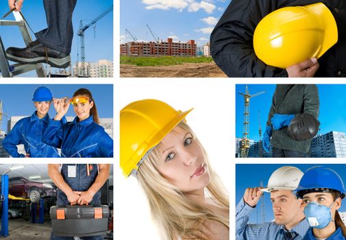 workers with equipment on building background sets