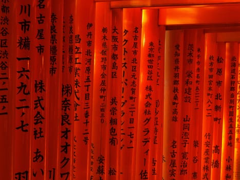 Column of Torii gate at Fushimi Inari Shrine in Kyoto, Japan