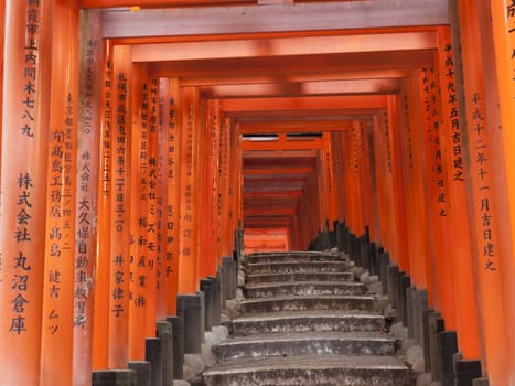 Pathway under tunnel of Torii gate at Fushimi Inari Shrine in Kyoto, Japan
