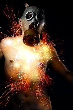 Nuclear disaster, man with gas mask, chest out fireworks