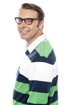 Fashionable young man posing. Half length portrait. Isolated on white