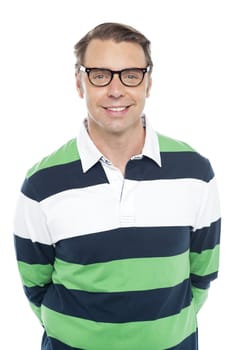 Smiling caucasian fashion guy wearing glasses, closeup portrait