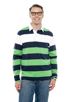 Cheerful guy portrayed in colorful attire. All on white background